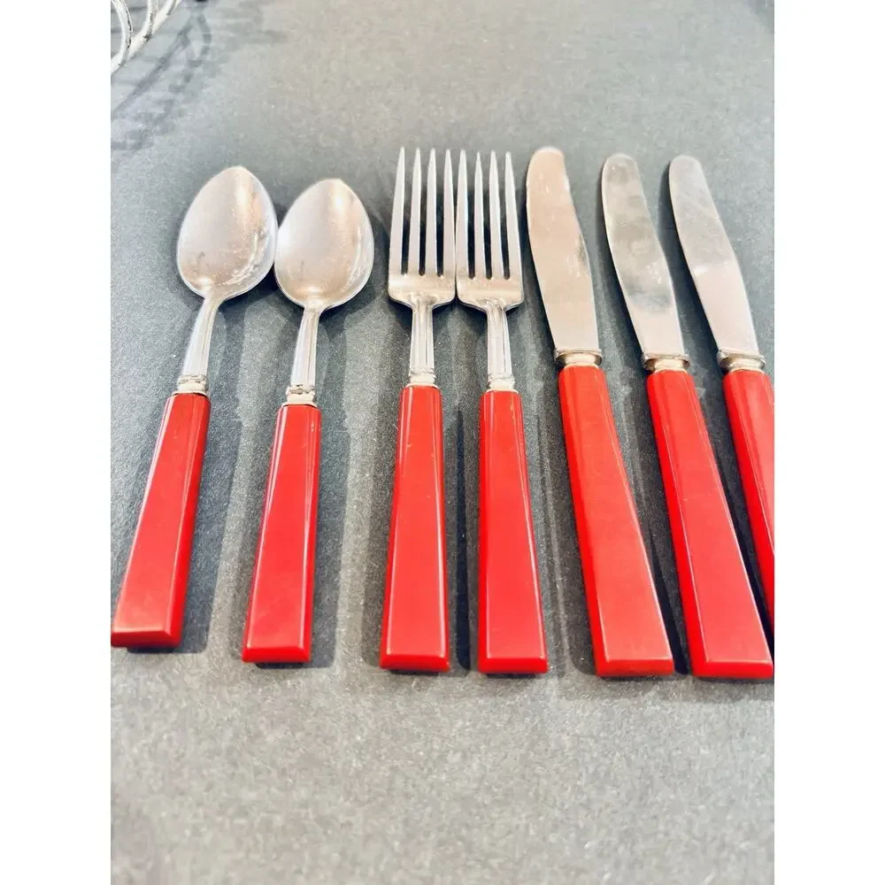 Vintage Red Bakelite Art Deco Flatware Silverware Stainless USA 7 Pcs Set